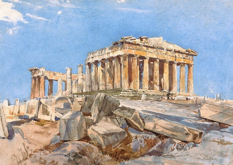 The Parthenon from the North End of the Eastern Portico of the Propylae, Evening Light (1895) architecture watercolor art by John Fulleylov. Original public domain image from Yale Center for British Art. Digitally enhanced by rawpixel.

More:

 Original public domain image from Yale Center for British Art