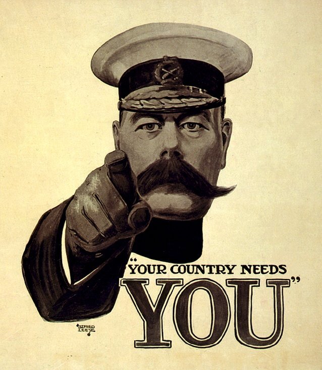 An icon of total war, Lord Kitchener calls upon British citizens to enlist for the First World War by Alfred Leete.

More:

 Original public domain image from Wikimedia Commons