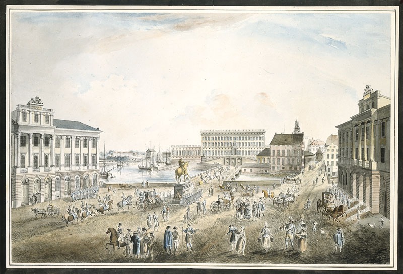 Gustav_Adolfs_torg_i_riktning_mot_kungliga_slottet,_akvarellerad_etsning_av_Johan_Fredrik_Martin,_1790-talet